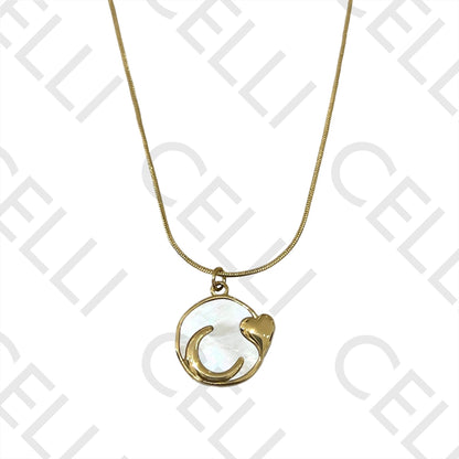 Steel Necklace - Moon and Heart with Mother-of-Pearl