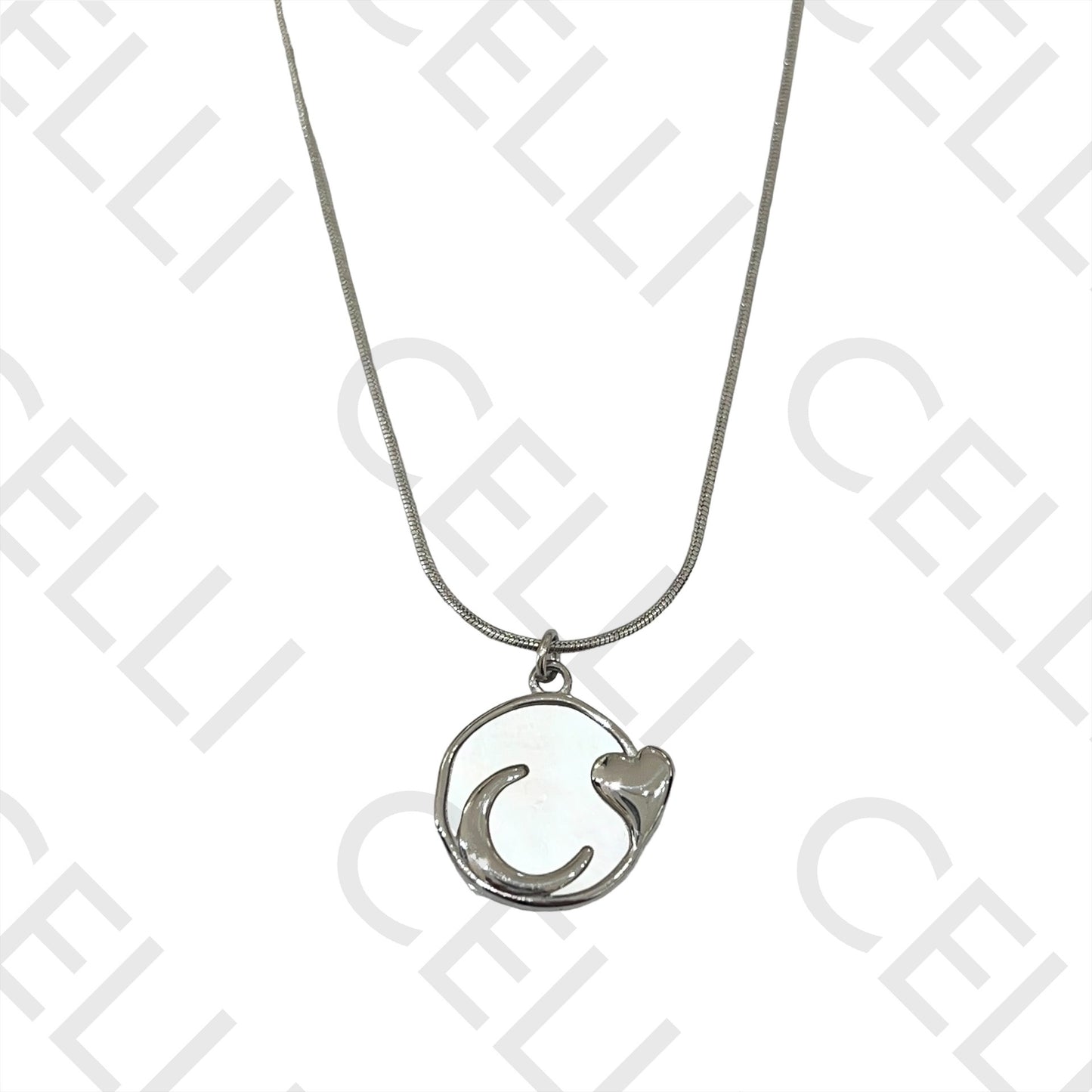 Steel Necklace - Moon and Heart with Mother-of-Pearl