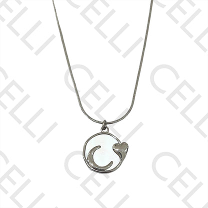 Steel Necklace - Moon and Heart with Mother-of-Pearl