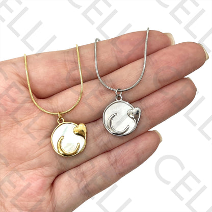 Steel Necklace - Moon and Heart with Mother-of-Pearl