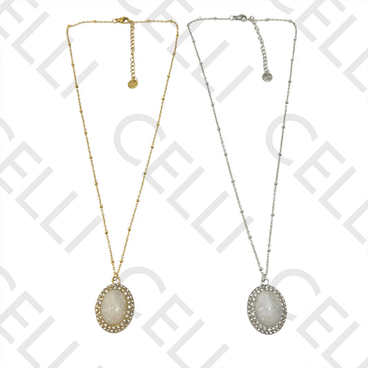 Colar de Aço (malha oval achatada com bolinhas) - medalha pedra e brilhantes