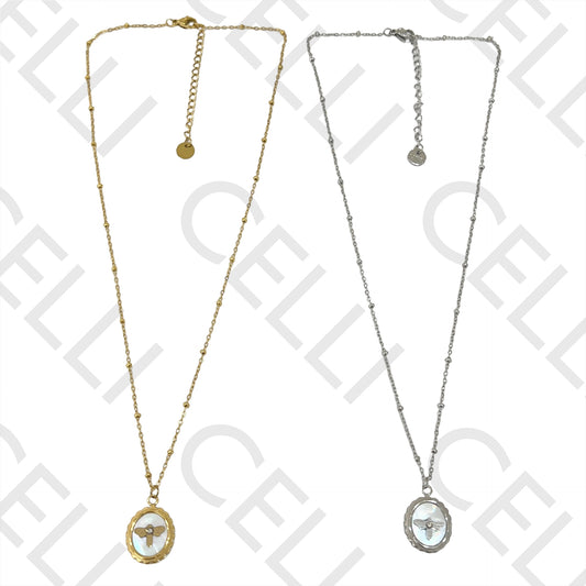 Colar de Aço (malha oval achatada com bolinhas) - medalha abelha e madrepérola