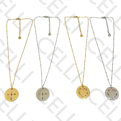 Colar de Aço (malha oval achatada com bolinhas) - medalha brilhantes coloridos cruz / coração