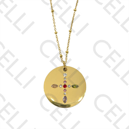 Colar de Aço (malha oval achatada com bolinhas) - medalha brilhantes coloridos cruz / coração