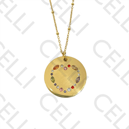 Colar de Aço (malha oval achatada com bolinhas) - medalha brilhantes coloridos cruz / coração