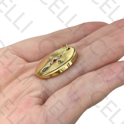 Colar de Aço (malha oval achatada com bolinhas) - medalha brilhantes coloridos cruz / coração