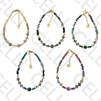 不锈钢手链 - 刻面水晶和天然石头