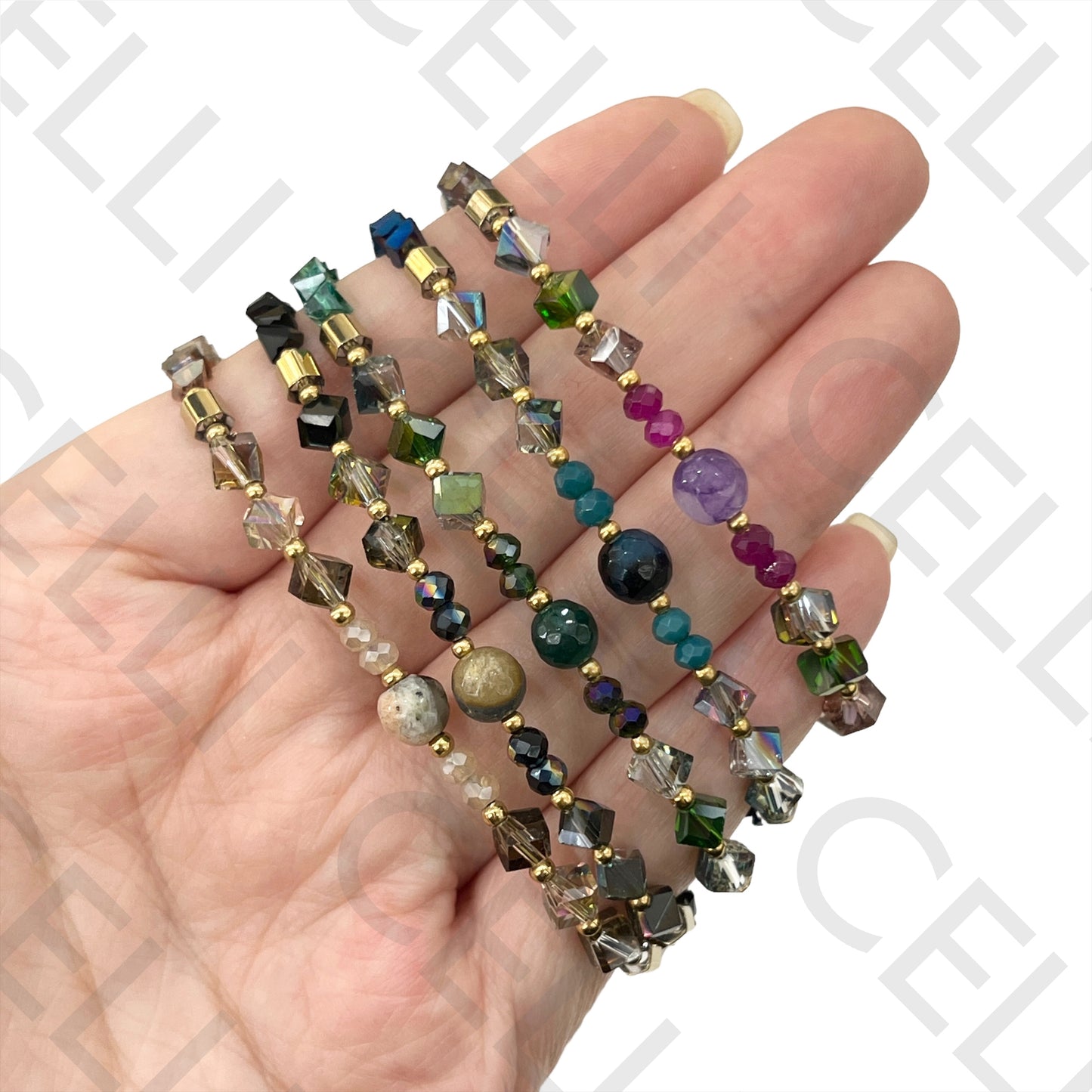 不锈钢手链 - 刻面水晶和天然石头