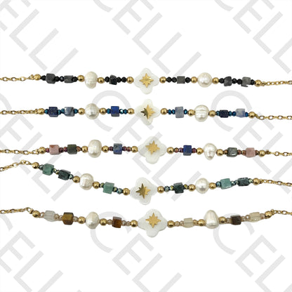 不锈钢手链 - 切面水晶、天然石头、淡水珍珠和母贝四叶草