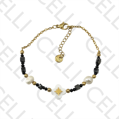 不锈钢手链 - 切面水晶、天然石头、淡水珍珠和母贝四叶草