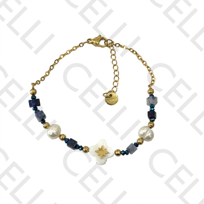 不锈钢手链 - 切面水晶、天然石头、淡水珍珠和母贝四叶草