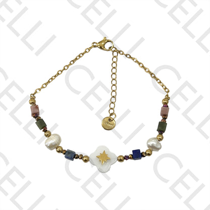 不锈钢手链 - 切面水晶、天然石头、淡水珍珠和母贝四叶草