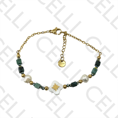 不锈钢手链 - 切面水晶、天然石头、淡水珍珠和母贝四叶草