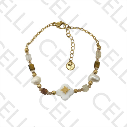 不锈钢手链 - 切面水晶、天然石头、淡水珍珠和母贝四叶草