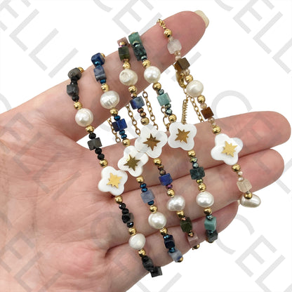 不锈钢手链 - 切面水晶、天然石头、淡水珍珠和母贝四叶草