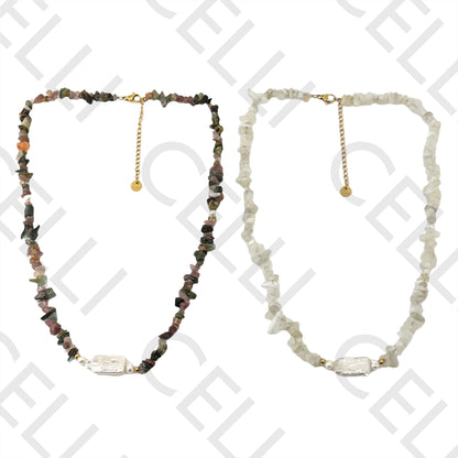 Colar de Aço (corrente & argolas soldadas) - pedra natural cascalho e pérolas de água doce (comprido e redondos)