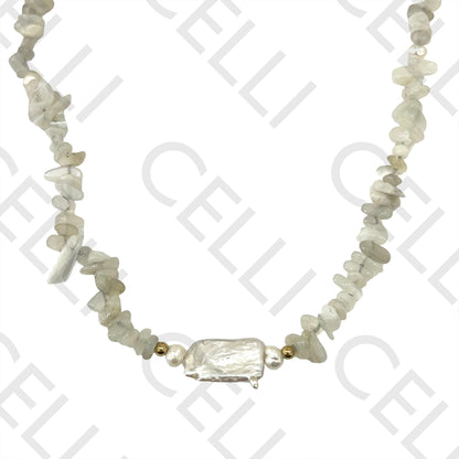 Colar de Aço (corrente & argolas soldadas) - pedra natural cascalho e pérolas de água doce (comprido e redondos)