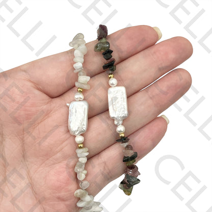 Colar de Aço (corrente & argolas soldadas) - pedra natural cascalho e pérolas de água doce (comprido e redondos)