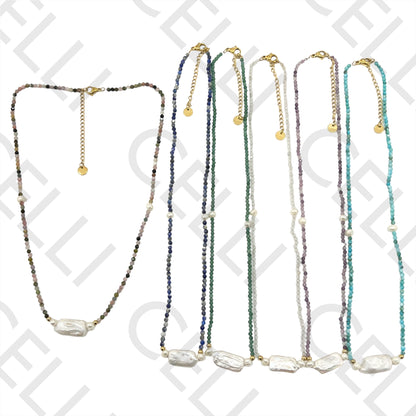 Colar de Aço (corrente & argolas soldadas) - pedra natural facetadas e pérolas de água doce (comprido e redondos)