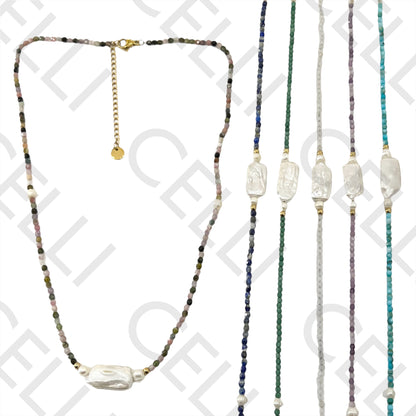 Colar de Aço (corrente & argolas soldadas) - pedra natural facetadas e pérolas de água doce (comprido e redondos)