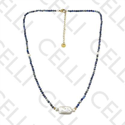 Colar de Aço (corrente & argolas soldadas) - pedra natural facetadas e pérolas de água doce (comprido e redondos)