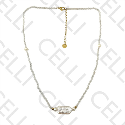 Colar de Aço (corrente & argolas soldadas) - pedra natural facetadas e pérolas de água doce (comprido e redondos)