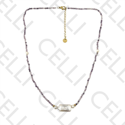 Colar de Aço (corrente & argolas soldadas) - pedra natural facetadas e pérolas de água doce (comprido e redondos)