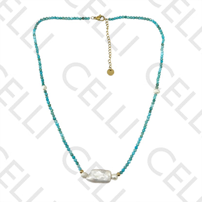 Colar de Aço (corrente & argolas soldadas) - pedra natural facetadas e pérolas de água doce (comprido e redondos)