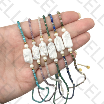 Colar de Aço (corrente & argolas soldadas) - pedra natural facetadas e pérolas de água doce (comprido e redondos)