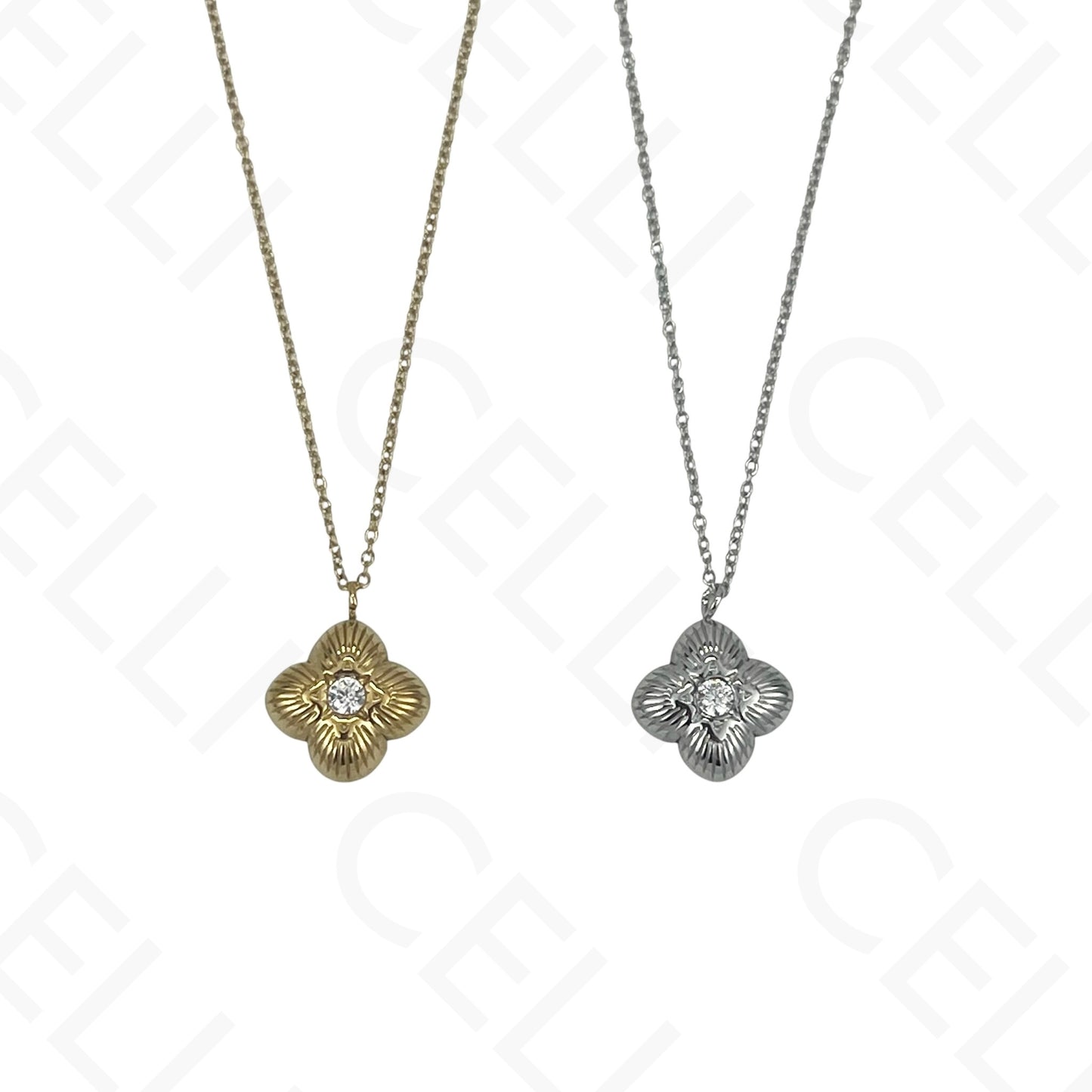 Steel Necklace - Clover with Rhinestone