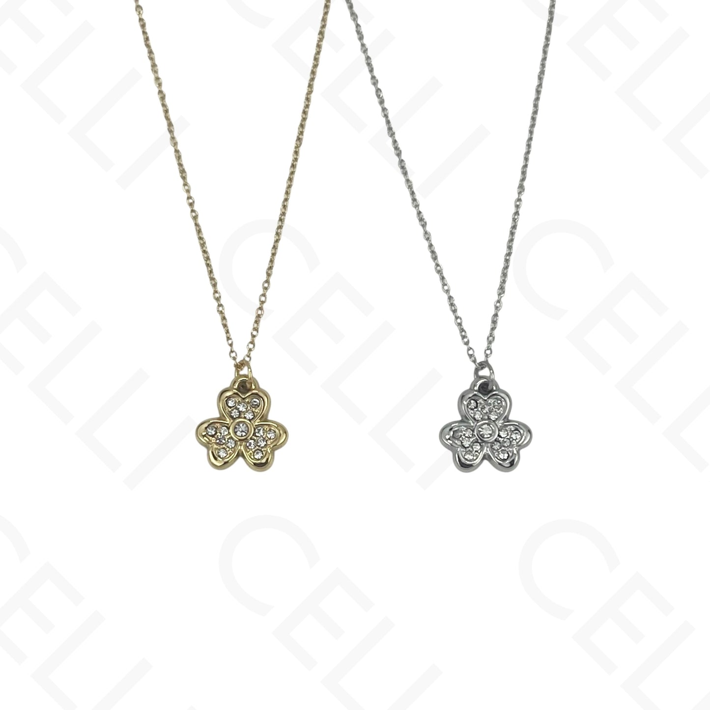Steel Necklace - Clover with Rhinestones