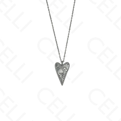 Steel Necklace - Heart with Pearl