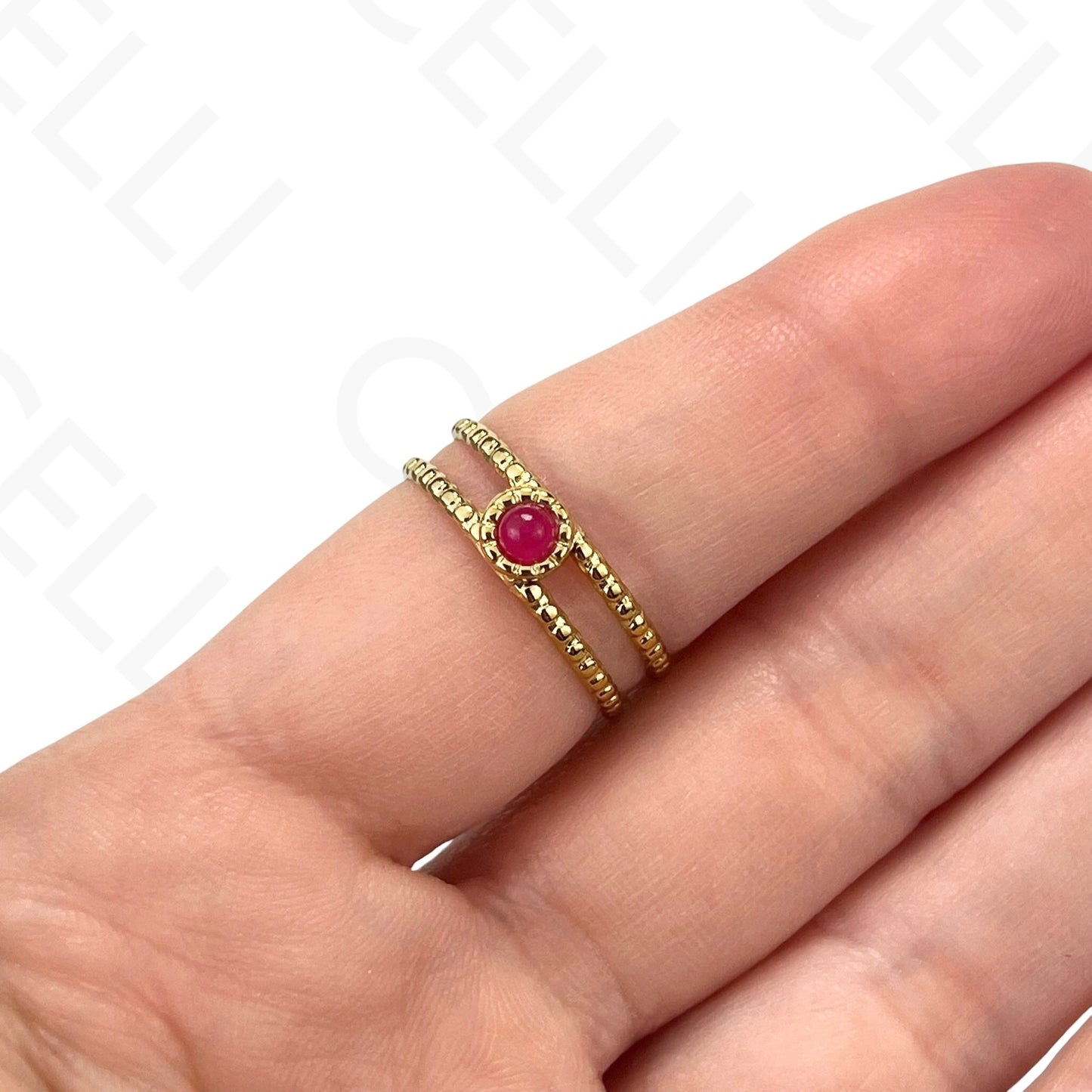 Adjustable Steel Ring - double with round natural stone