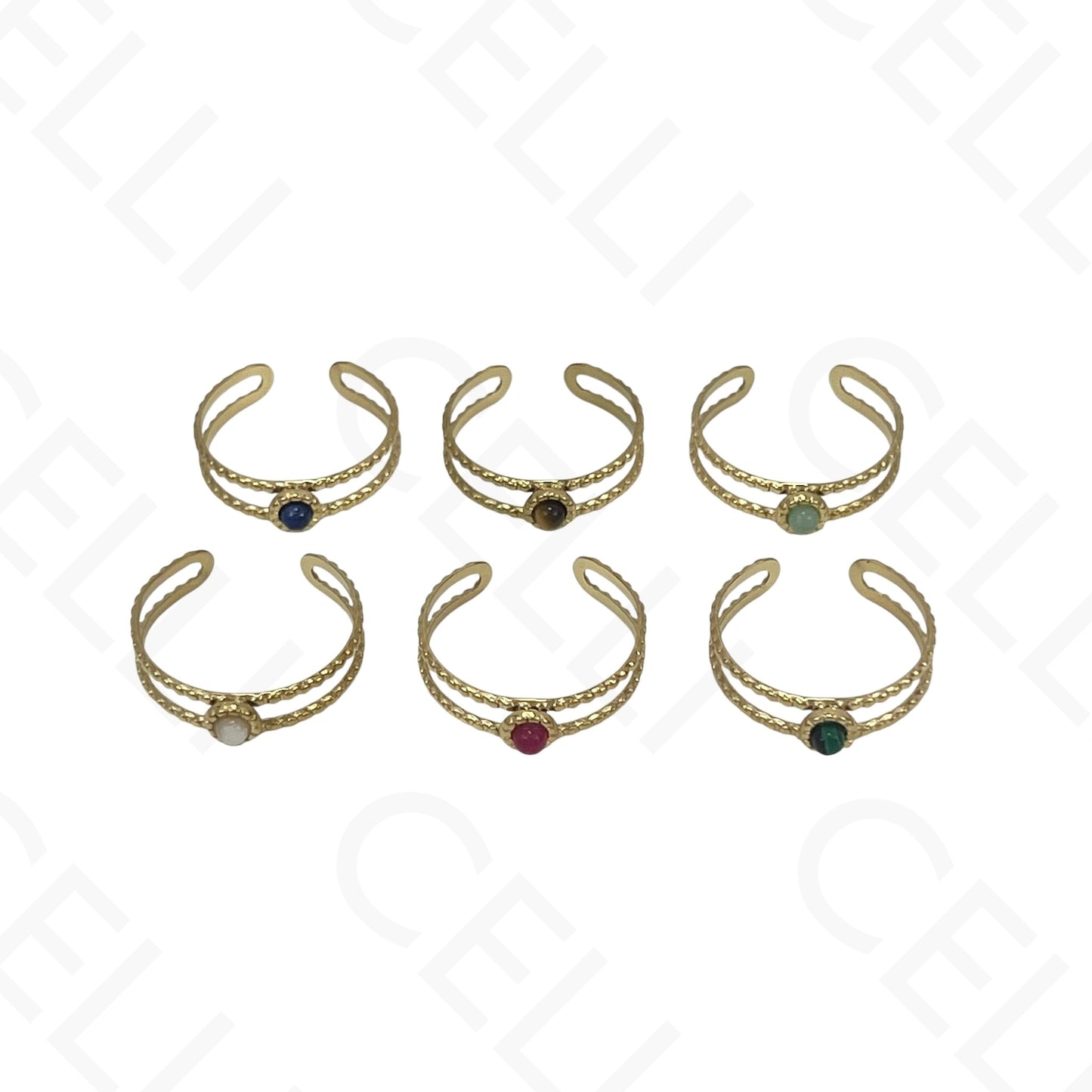 Adjustable Steel Ring - double with round natural stone