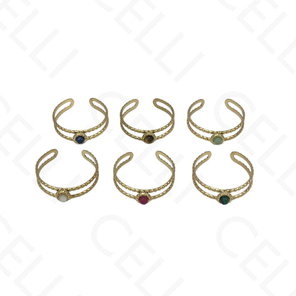 Adjustable Steel Ring - double with round natural stone