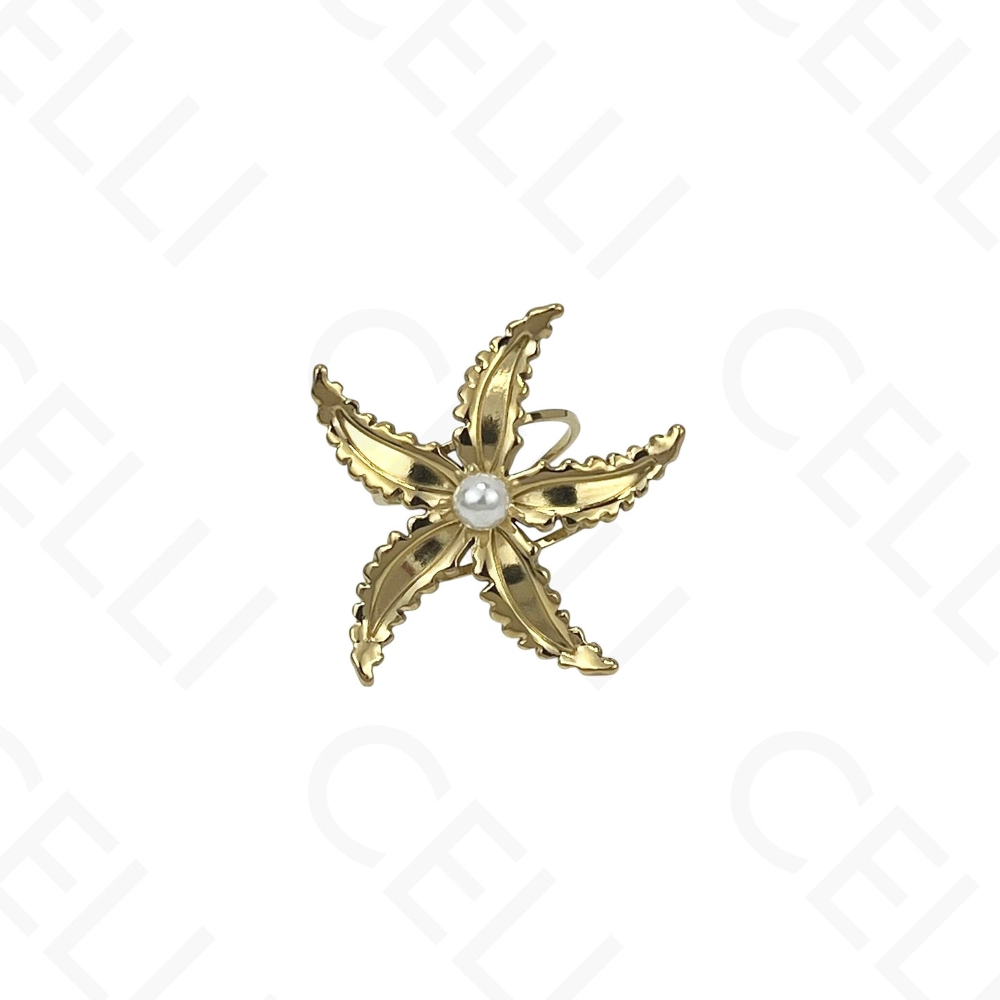 Anel de Aço Ajustável - estrela do mar com pérola