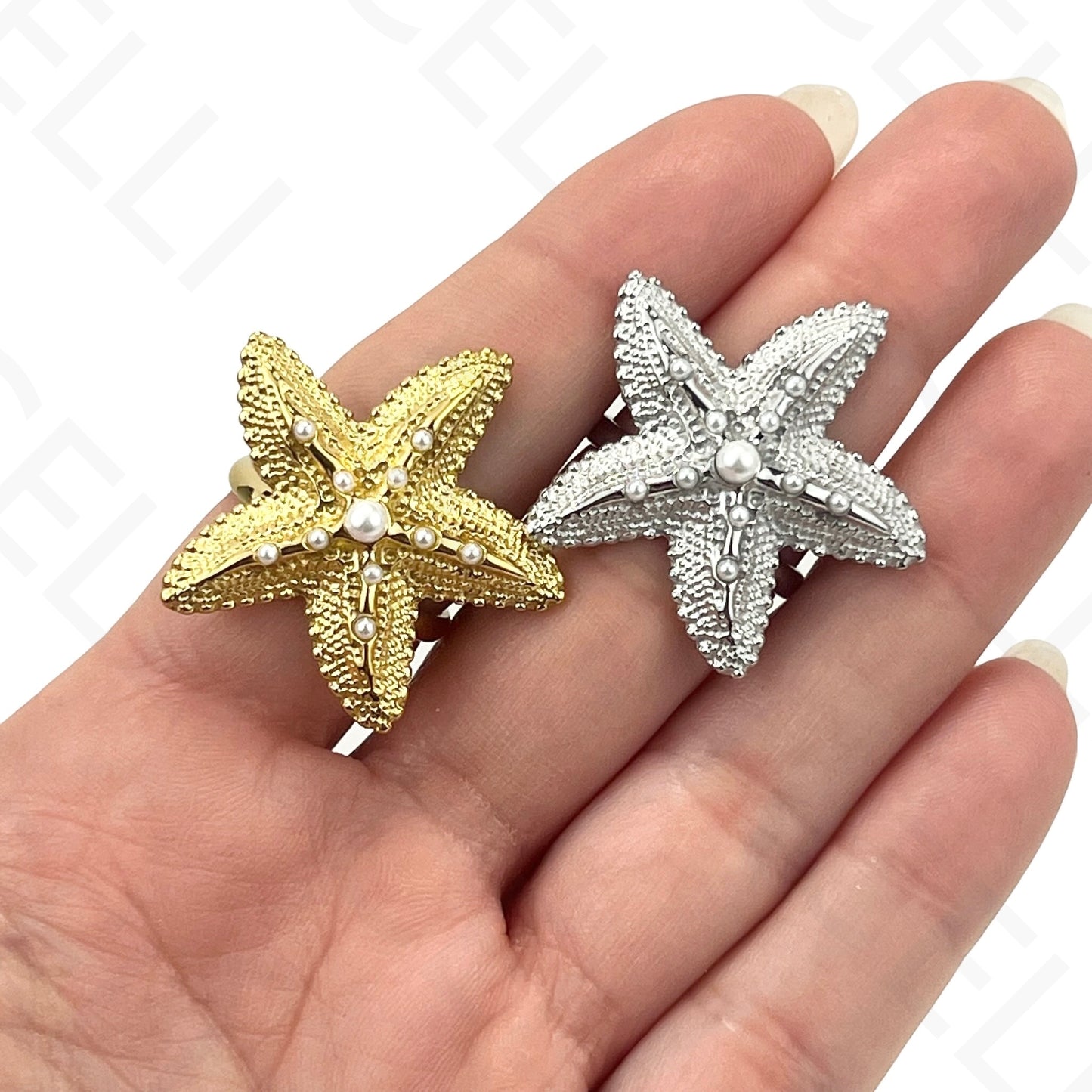 Anel de Aço Ajustável - estrela do mar com pérola