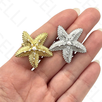 Anel de Aço Ajustável - estrela do mar com pérola