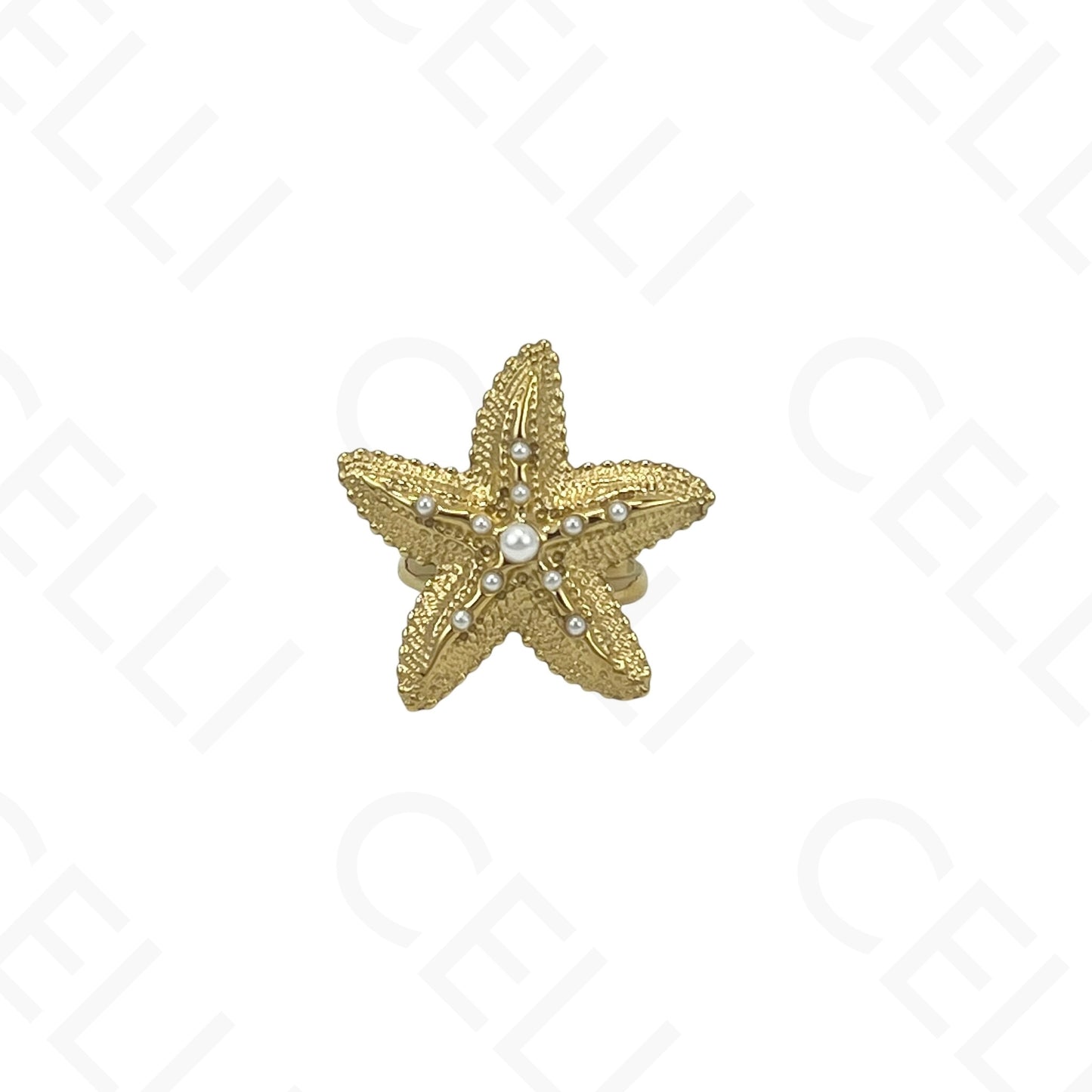 Anel de Aço Ajustável - estrela do mar com pérola
