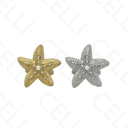 Anel de Aço Ajustável - estrela do mar com pérola
