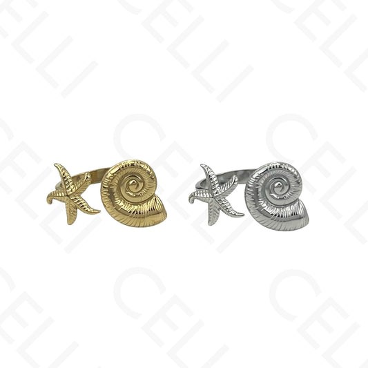 Anillo de Acero Ajustable - caracol y estrella de mar