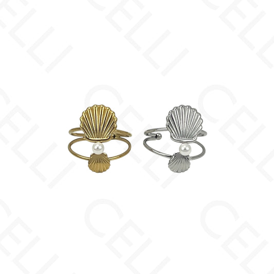 Anillo de Acero Ajustable - conchas y perla