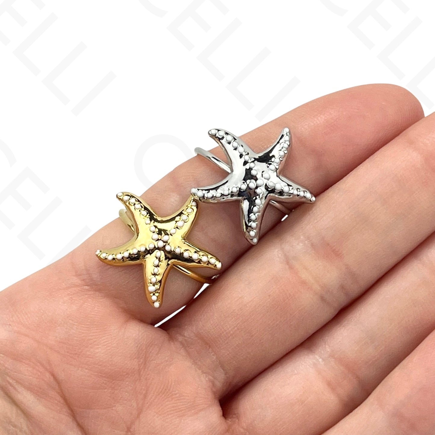 Adjustable Steel Ring - starfish with pearls