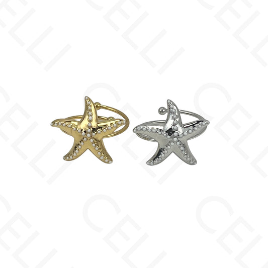 Anillo de Acero Ajustable - estrella de mar con perlas