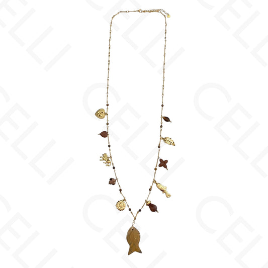 Colar de aço - multi pendentes, peixe em pedra natural