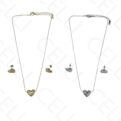 Colar/Brinco de aço - coração trabalhado