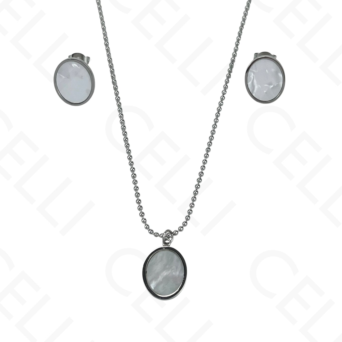 Colar/Brinco de aço - oval com madrepérola