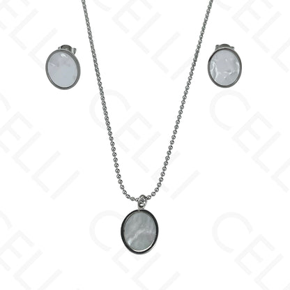 Colar/Brinco de aço - oval com madrepérola