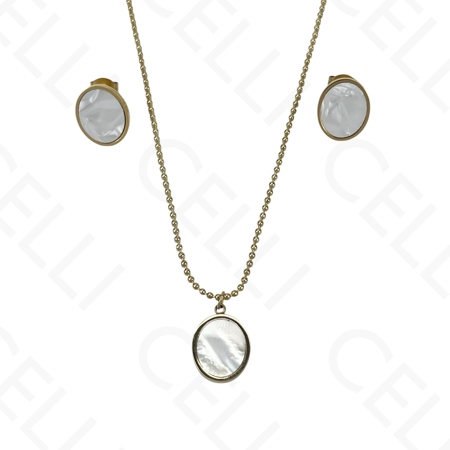 Colar/Brinco de aço - oval com madrepérola