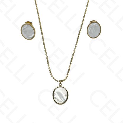 Colar/Brinco de aço - oval com madrepérola